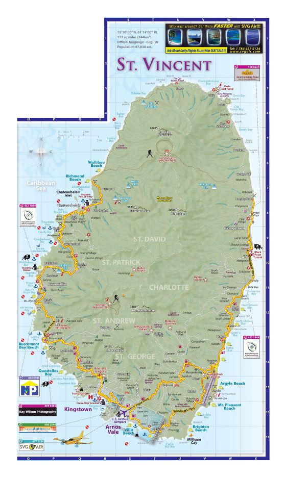 Большая детальная туристическая карта острова Сент-Винсент с другими пометками