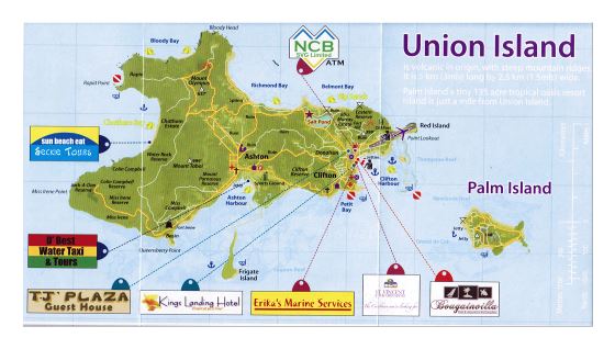 Большая детальная туристическая карта острова Юнион, Сент-Винсента и Гренадин с дорогами и другими пометками