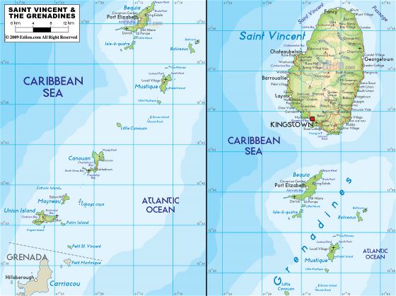 Большая физическая карта Сент-Винсента и Гренадин с дорогами, городами и аэропортами
