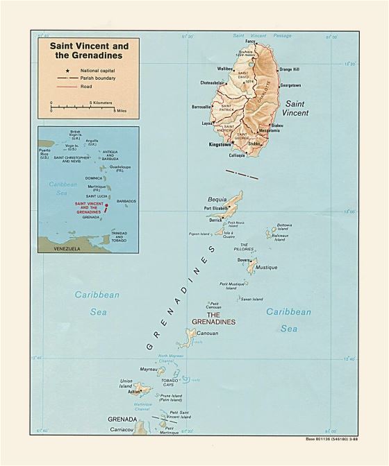 Большая политическая и административная карта Сент-Винсента и Гренадин с рельефом, дорогами и городами - 1988