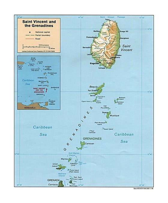 Большая политическая и административная карта Сент-Винсента и Гренадин с рельефом, дорогами и городами - 1996