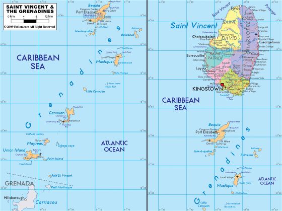 Большая политическая и административная карта Сент-Винсента и Гренадин с дорогами, городами и аэропортами