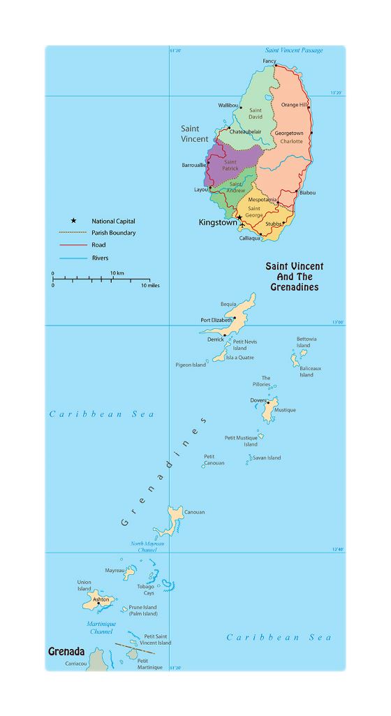 Большая политическая и административная карта Сент-Винсента и Гренадин с дорогами, реками, городами и аэропортами