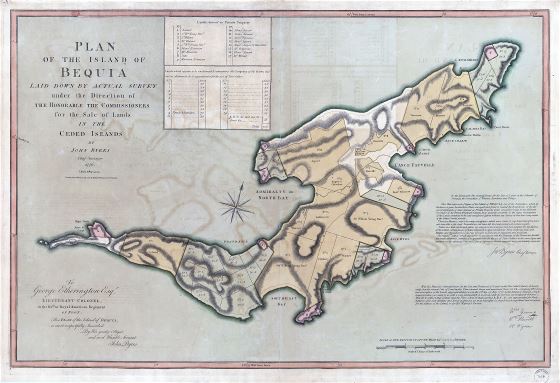 Крупномасштабный подробный старый план острова Бекия - 1794