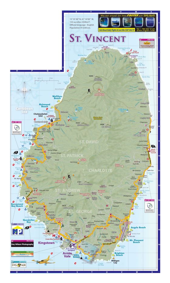 Большая туристическая карта острова Сент-Винсент с дорогами, городами и другими пометками