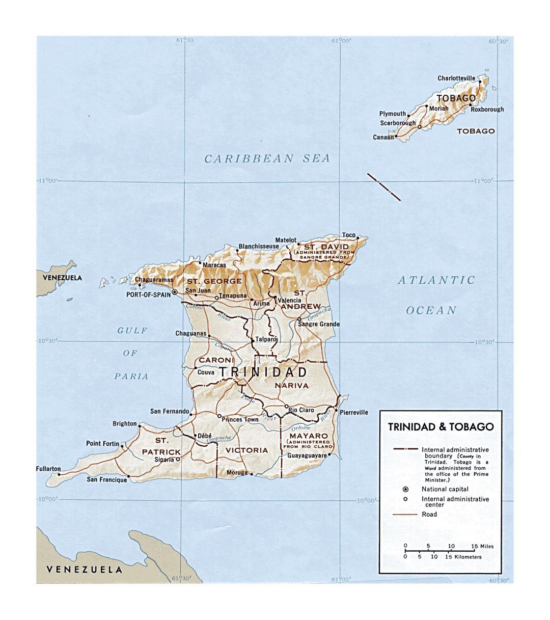 Детальная политическая и административная карта Тринидада и Тобаго с рельефом, реками, дорогами и городами