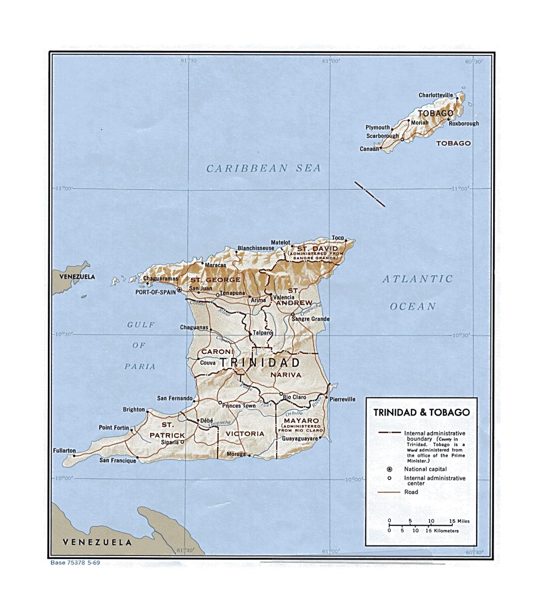 Детальная политическая и административная карта Тринидада и Тобаго с рельефом, дорогами и городами - 1969
