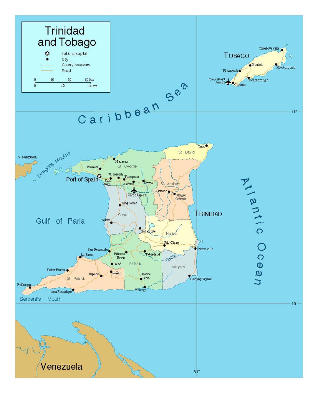 Подробная политическая и административная карта Тринидада и Тобаго с дорогами, городами и аэропортами