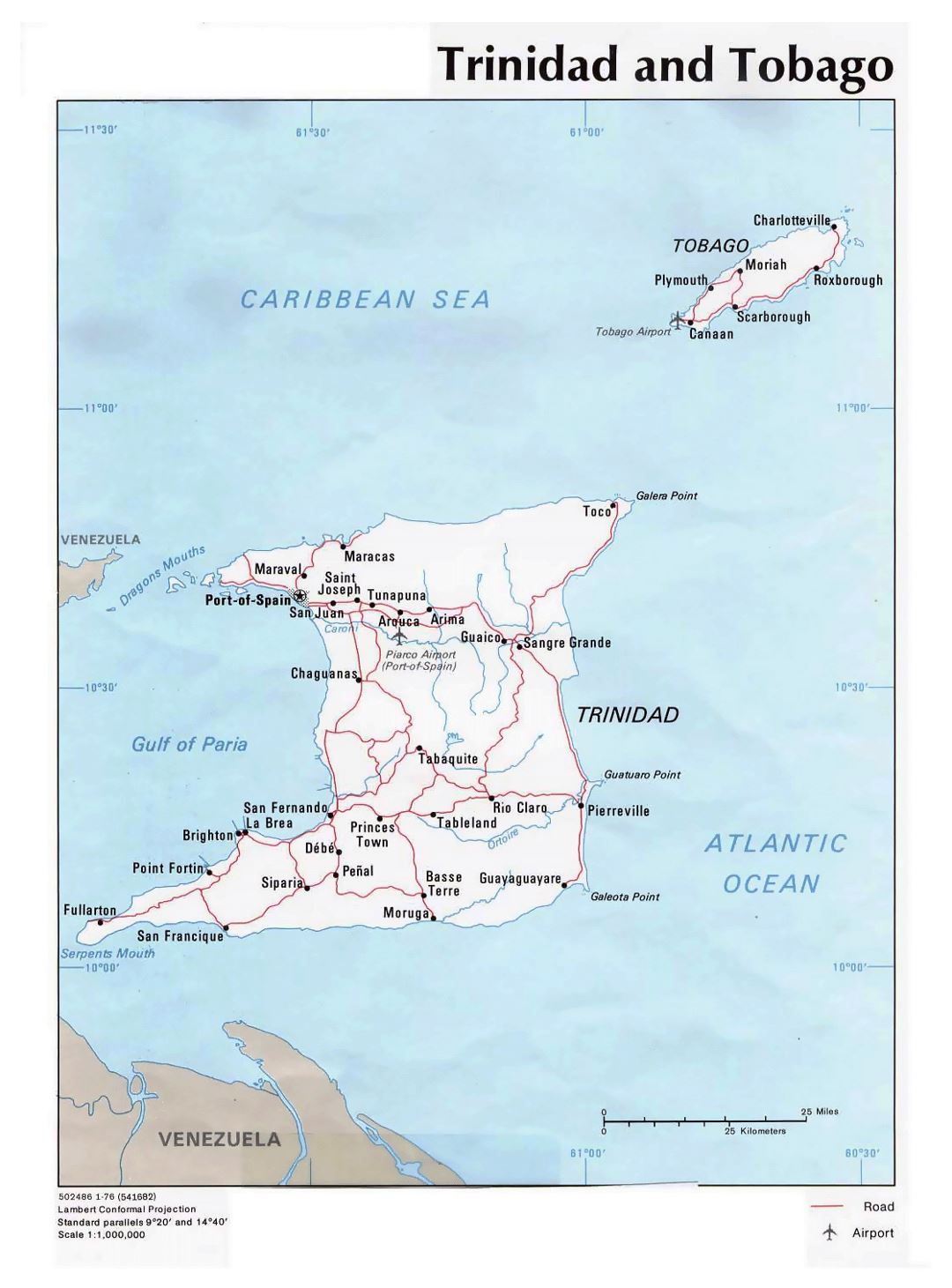 Детальная политическая карта Тринидада и Тобаго с дорогами, городами и аэропортами - 1976