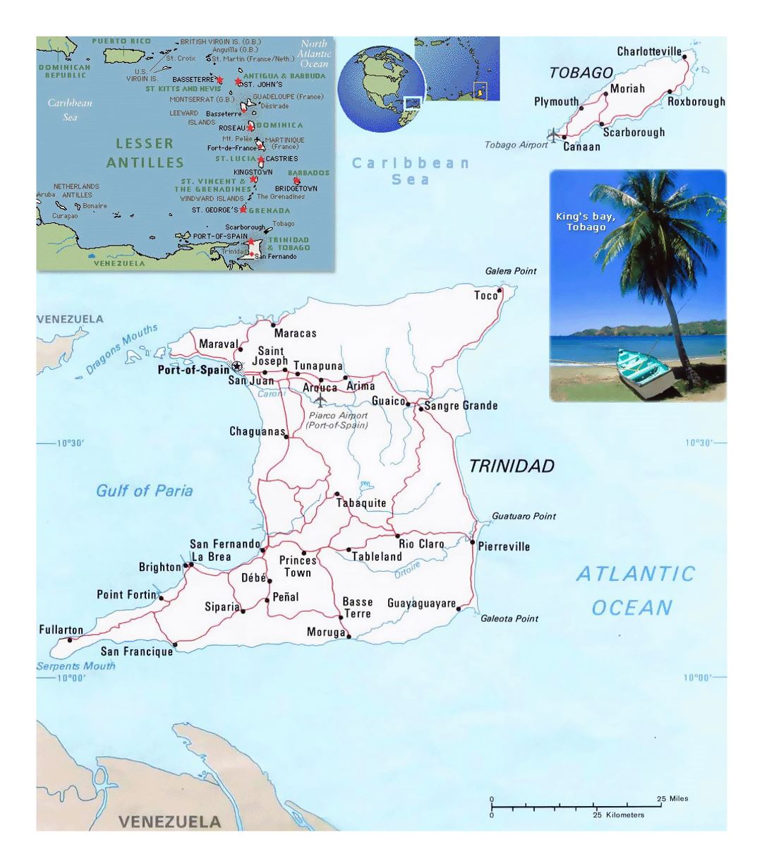 Детальная политическая карта Тринидада и Тобаго с дорогами, городами и аэропортами