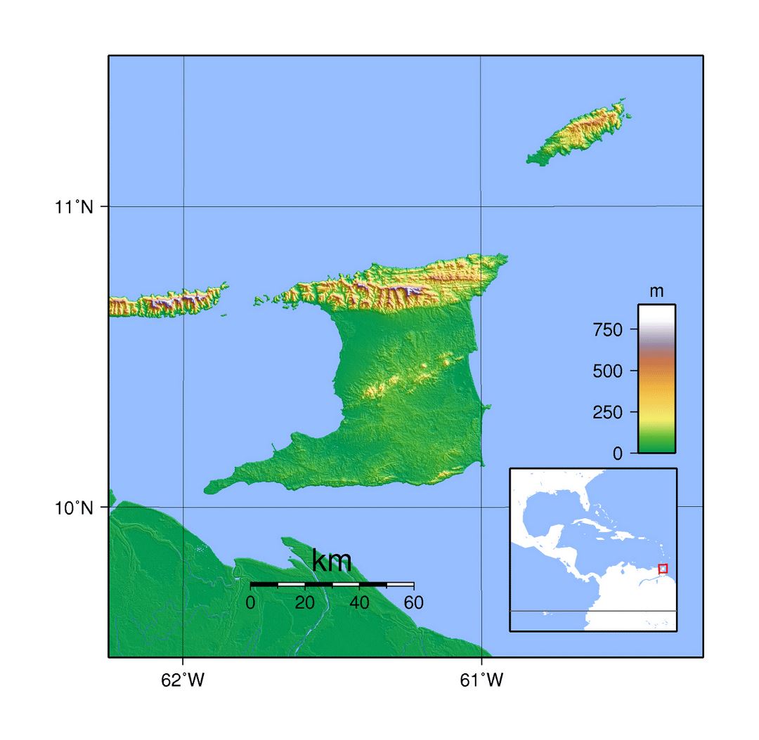 Подробная топографическая карта Тринидада и Тобаго