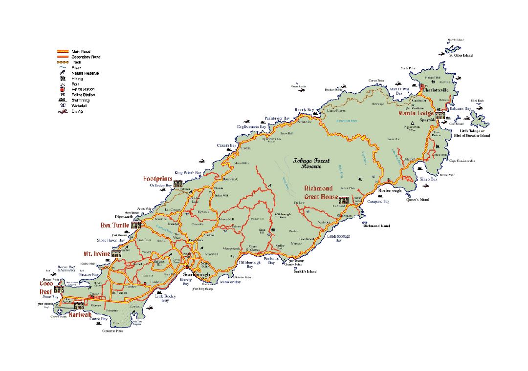 Детальная туристическая карта и карта дайвинга Тобаго