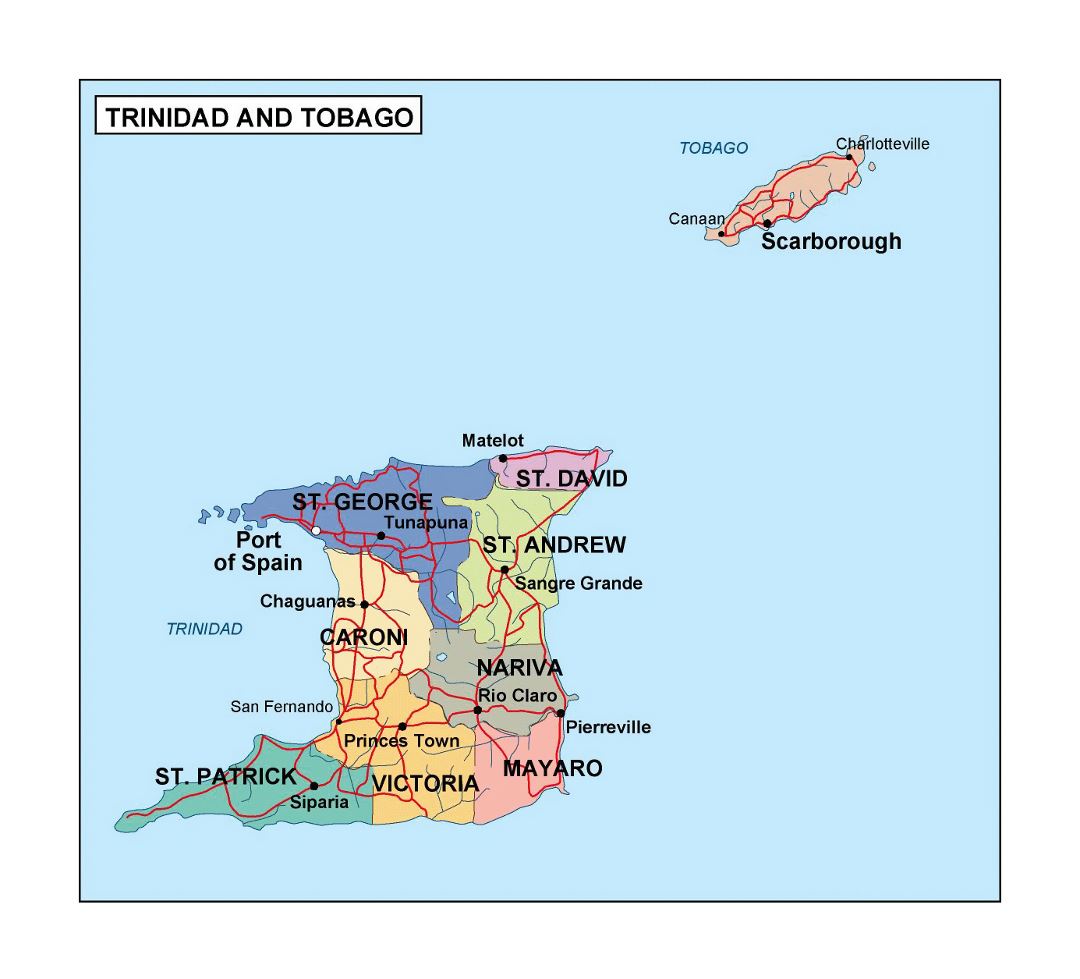 Большая административная карта Тринидада и Тобаго с дорогами и городами