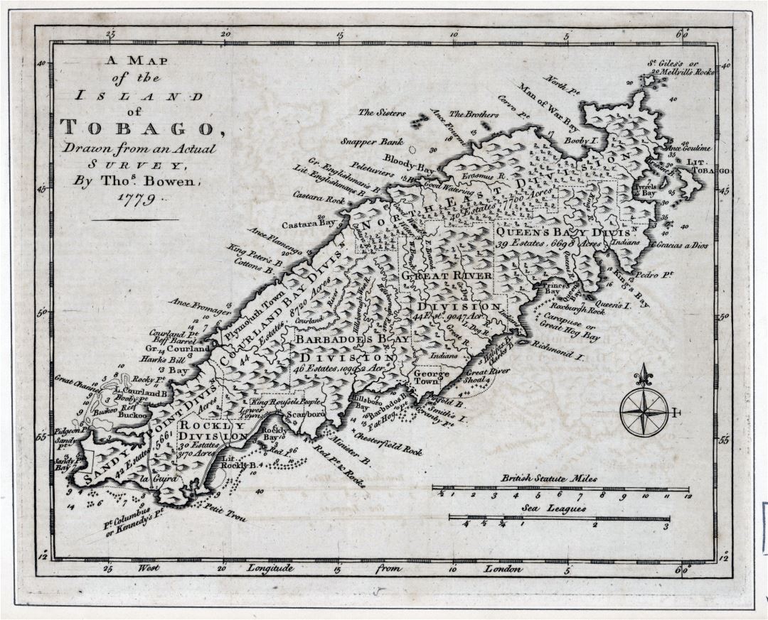 Большая детальная старая карта острова Тобаго с рельефом и другими пометками - 1778