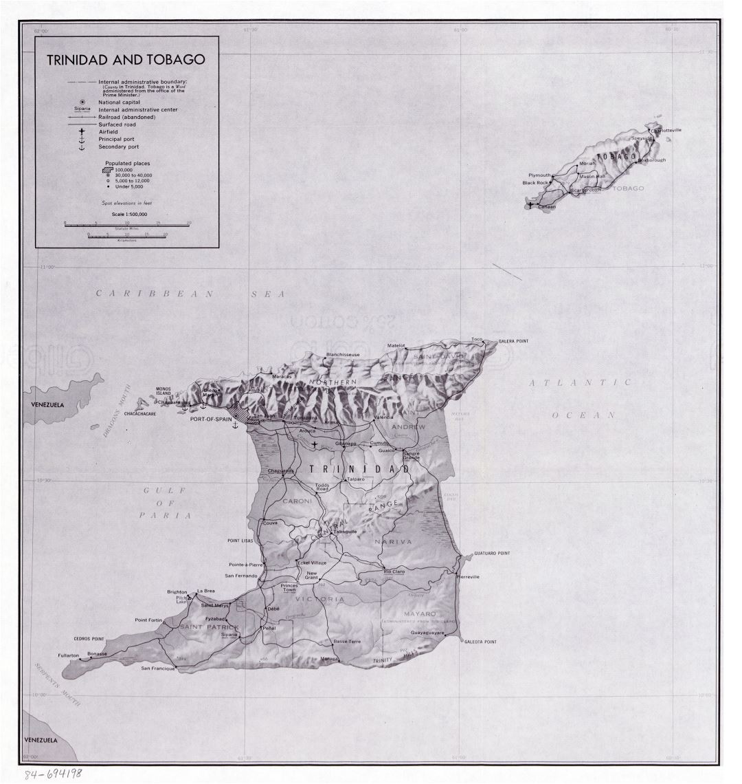 Большая подробная политическая и административная карта Тринидада и Тобаго с рельефом, дорогами, железными дорогами, городами, портами и аэропортами - 1983
