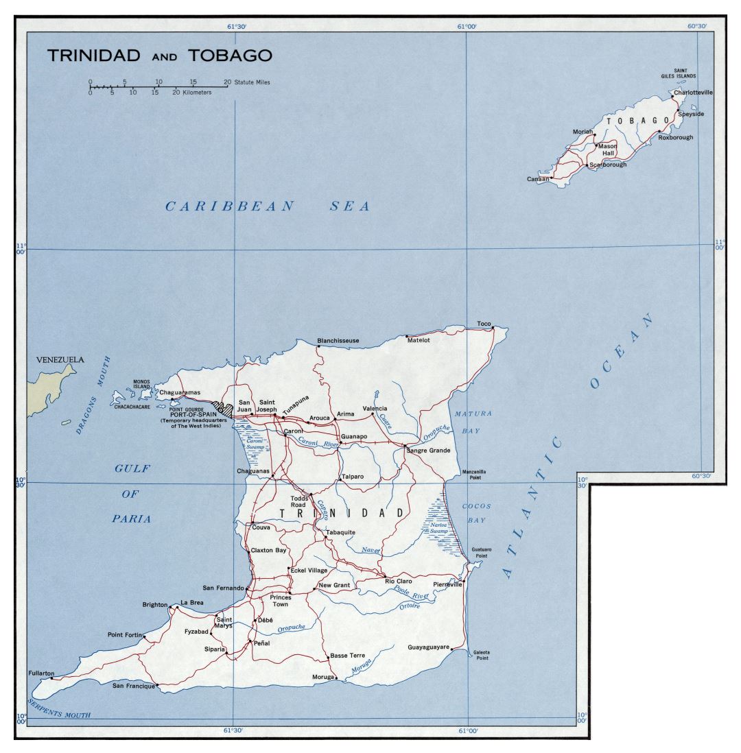 Большая детальная политическая карта Тринидада и Тобаго с дорогами, железными дорогами и городами - 1958