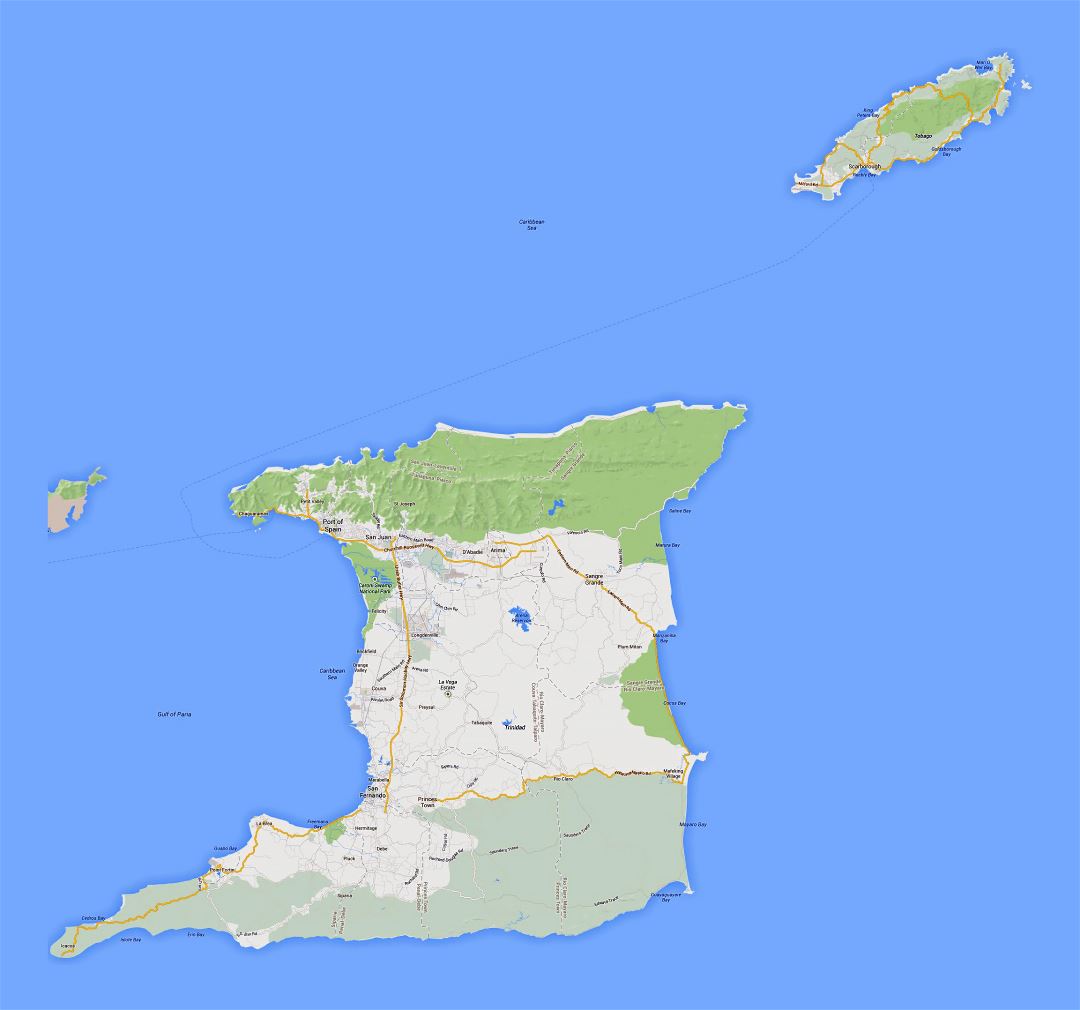 Большая детальная карта дорог Тринидада и Тобаго с городами и другими пометками