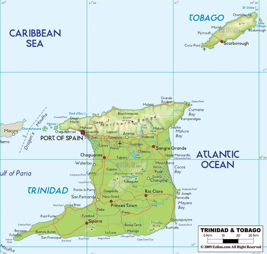 Большая физическая карта Тринидада и Тобаго с дорогами, городами и аэропортами