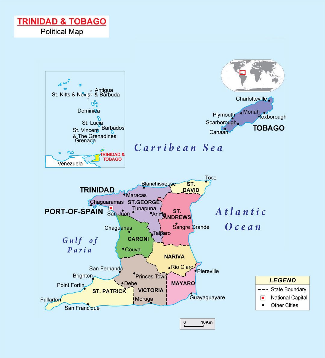 Большая политическая и административная карта Тринидада и Тобаго с крупными городами