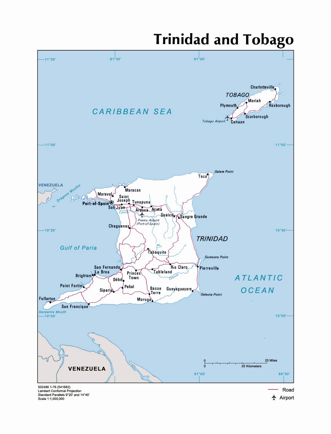 Большая политическая карта Тринидада и Тобаго с дорогами, городами и аэропортами - 1976
