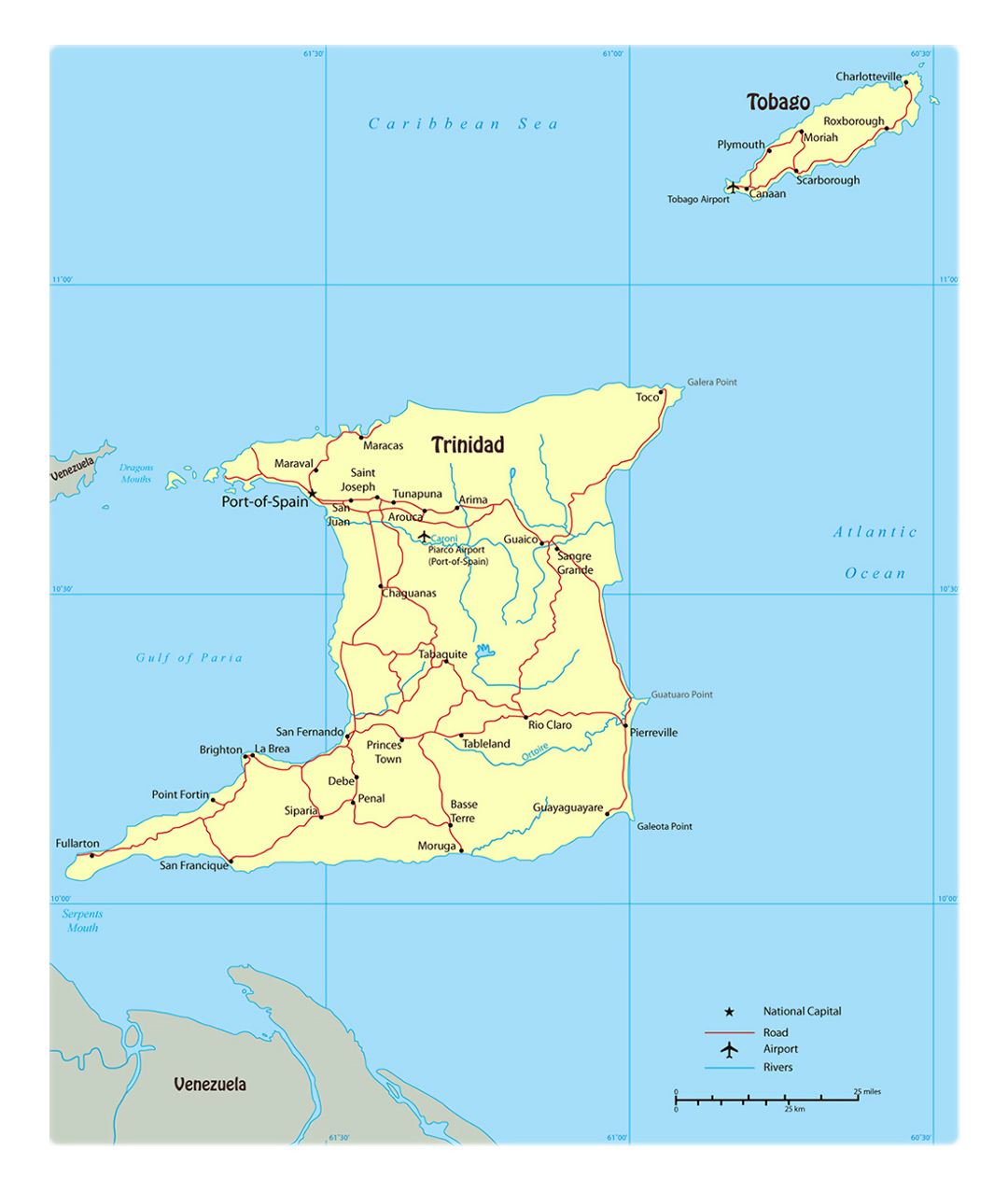 Большая политическая карта Тринидада и Тобаго с дорогами, городами и аэропортами