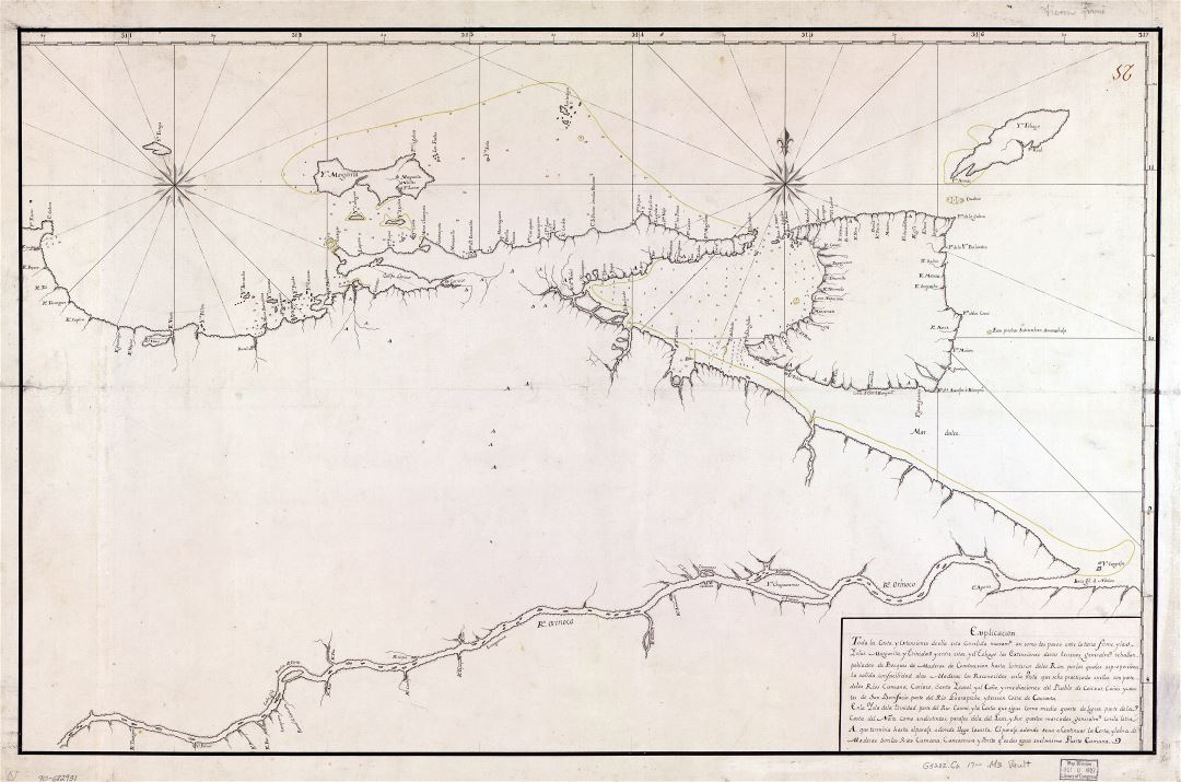Крупномасштабная старая карта северо-восточного побережья Венесуэлы, включая острова Тринидад и Тобаго - 17ст