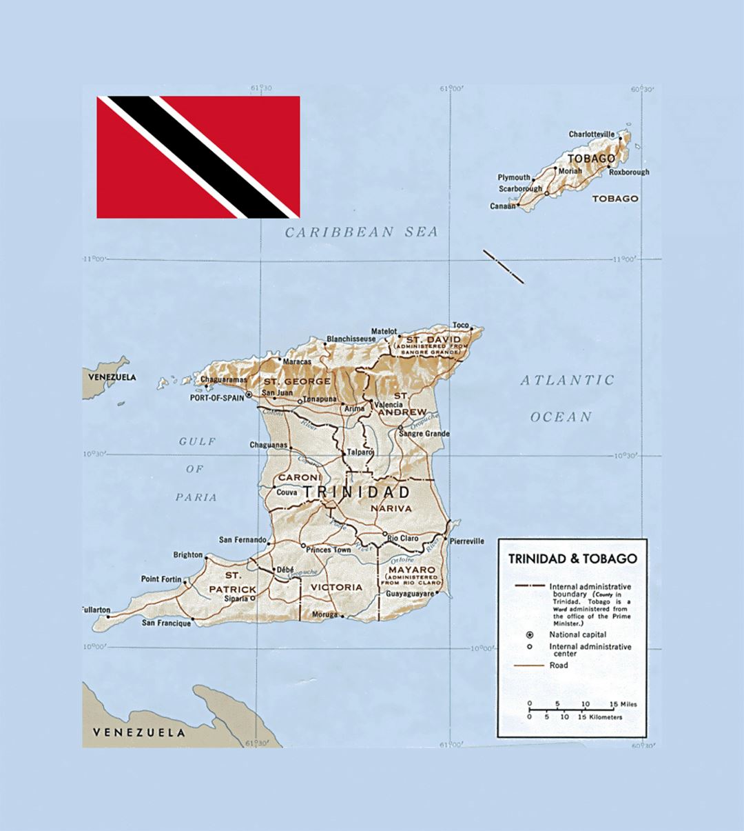Политическая и административная карта Тринидада и Тобаго с рельефом и другими пометками