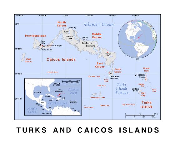 Подробная политическая карта островов Теркс и Кайкос с рельефом