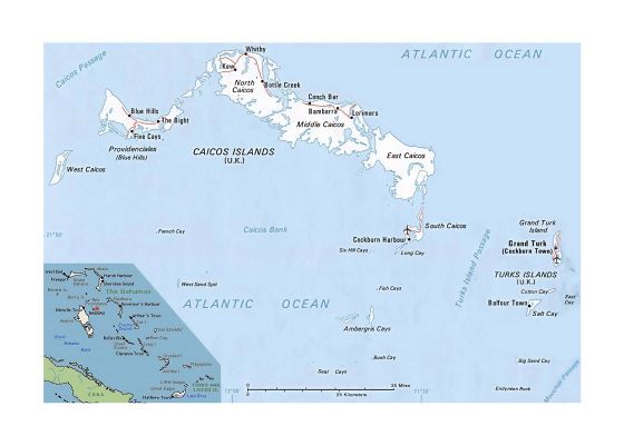 Детальная политическая карта островов Теркс и Кайкос с дорогами, городами и аэропортами