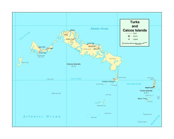 Детальная политическая карта островов Теркс и Кайкос с дорогами, крупными городами и аэропортами
