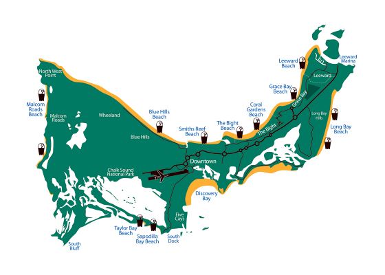Большая карта пляжей острова Провиденсиалес, островов Теркс и Кайкос