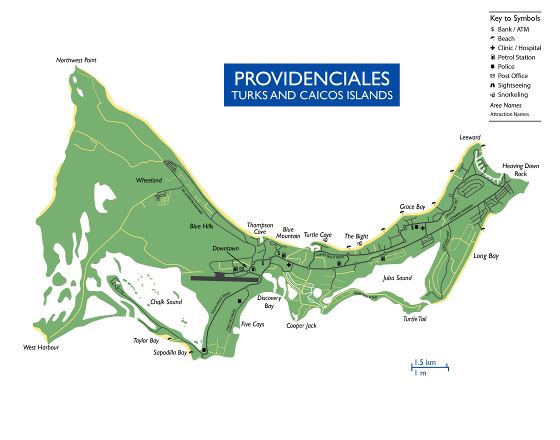 Большая подробная туристическая карта острова Провиденсиалес, островов Теркс и Кайкос