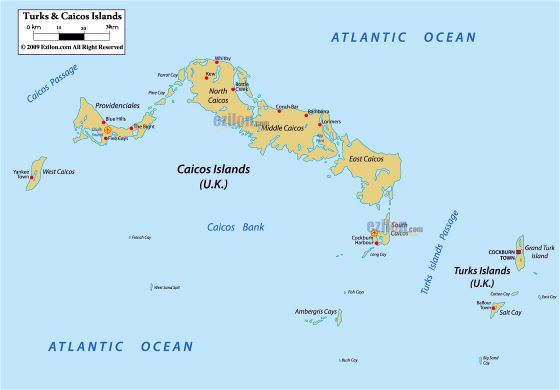 Большая политическая карта островов Теркс и Кайкос с городами и аэропортами