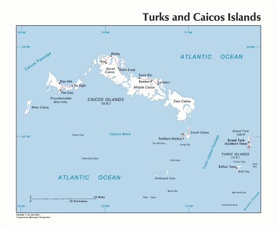 Большая политическая карта островов Теркс и Кайкос с дорогами, городами и аэропортами - 1976