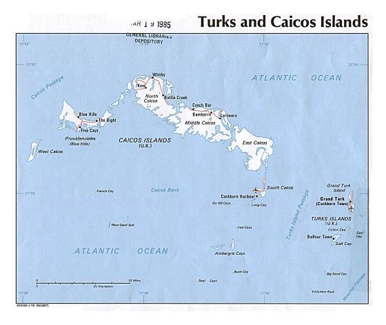 Большая политическая карта островов Теркс и Кайкос с дорогами, крупными городами и аэропортами - 1976
