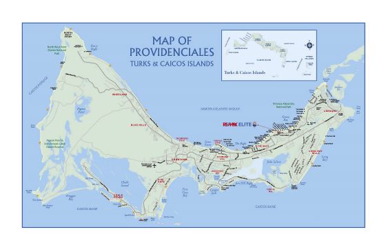 Большая карта дорог острова Провиденсиалес, островов Теркс и Кайкос
