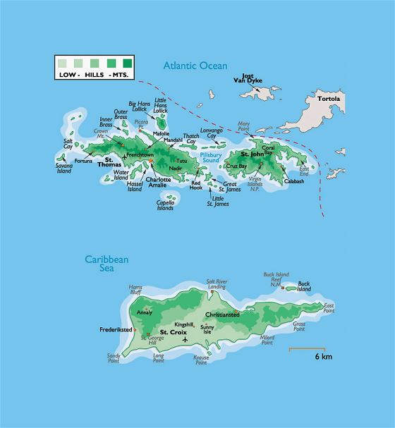 Подробная физическая карта Виргинских островов США с другими пометками