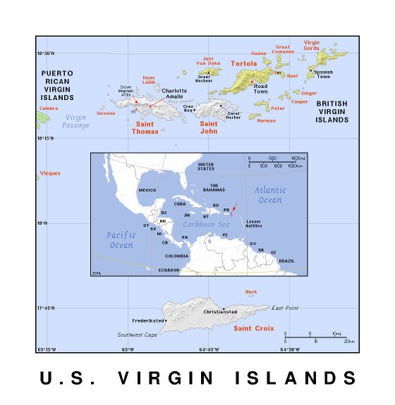 Подробная политическая карта Виргинских островов США с рельефом