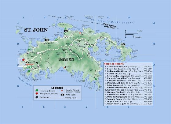 Детальная туристическая карта Сент-Джона, Виргинские острова США