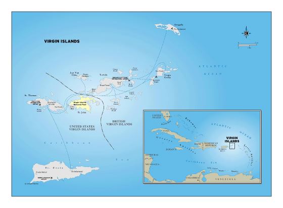 Большая детальная политическая карта Виргинских островов