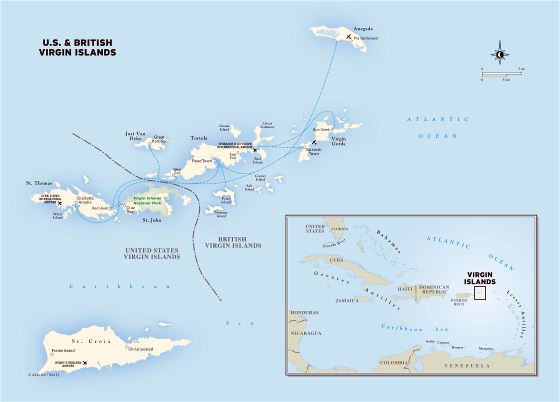 Большая детальная политическая карта Виргинских островов с другими пометкамии