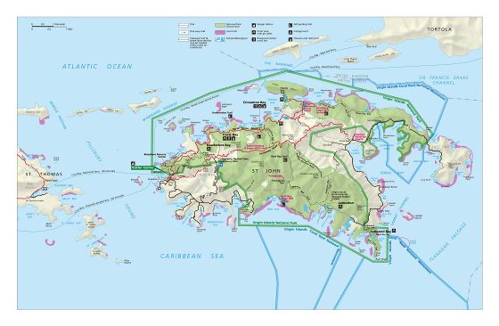 Большая подробная туристическая карта Сент-Джона, Виргинских островов США