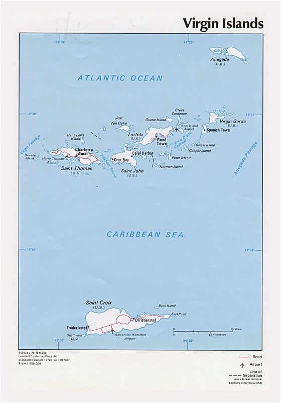 Большая политическая карта Виргинских островов с дорогами, городами и аэропортами - 1976