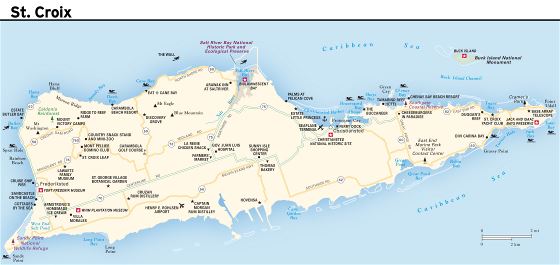 Большая карта дорог острова Санта-Крус, Виргинские острова США с другими пометками