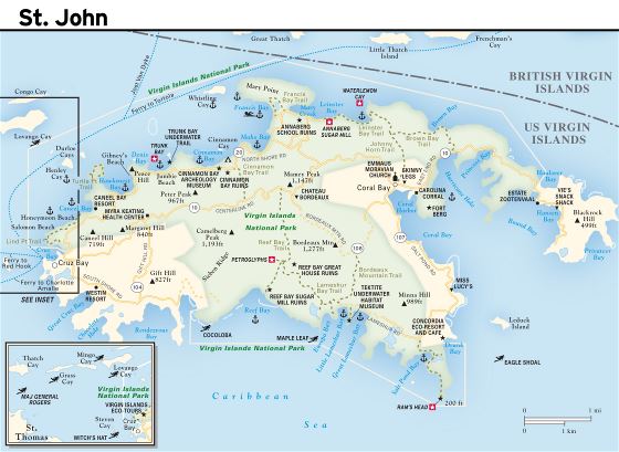 Большая карта дорог острова Сент-Джон, Виргинские острова США с другими пометками