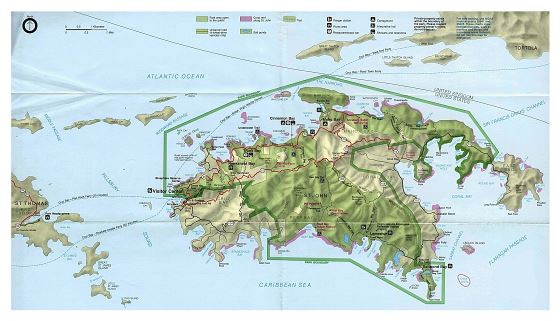 Большая карта дорог острова Святого Иоанна с рельефом и другими пометками