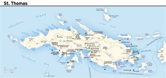 Большая карта дорог острова Сент-Томас, Виргинские острова США с другими пометками