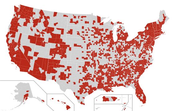 Случаи вспышки COVID-19 в США по округам (подтвержденные) - карта - 26.03.2020