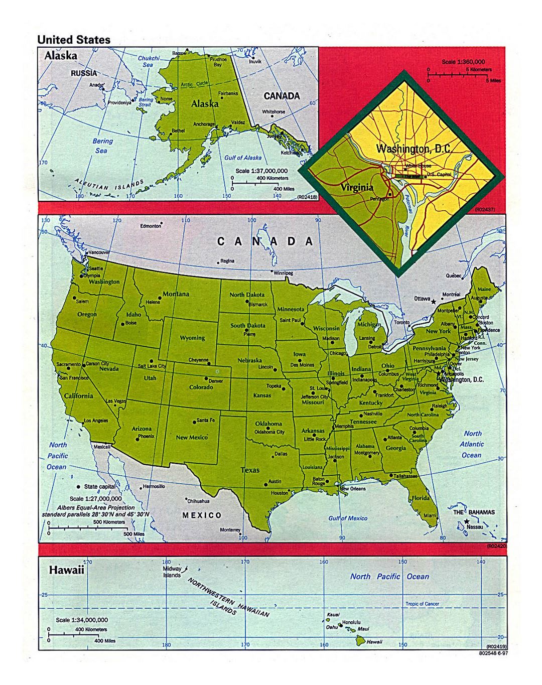 Подробная политическая и административная карта США - 1997