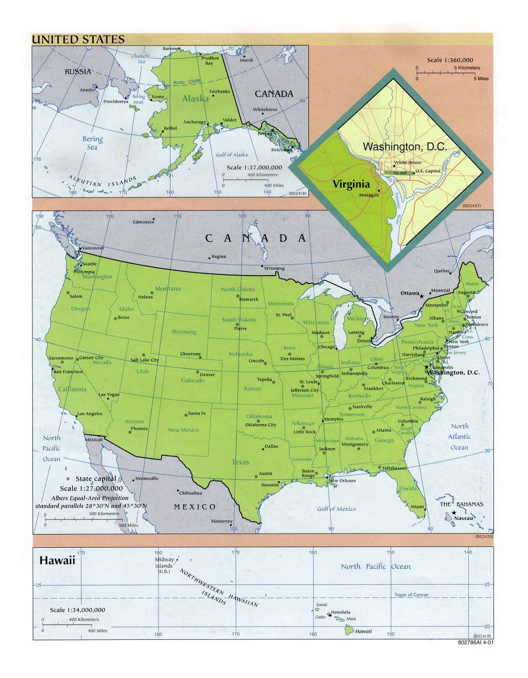 Детальная политическая и административная карта США - 2001